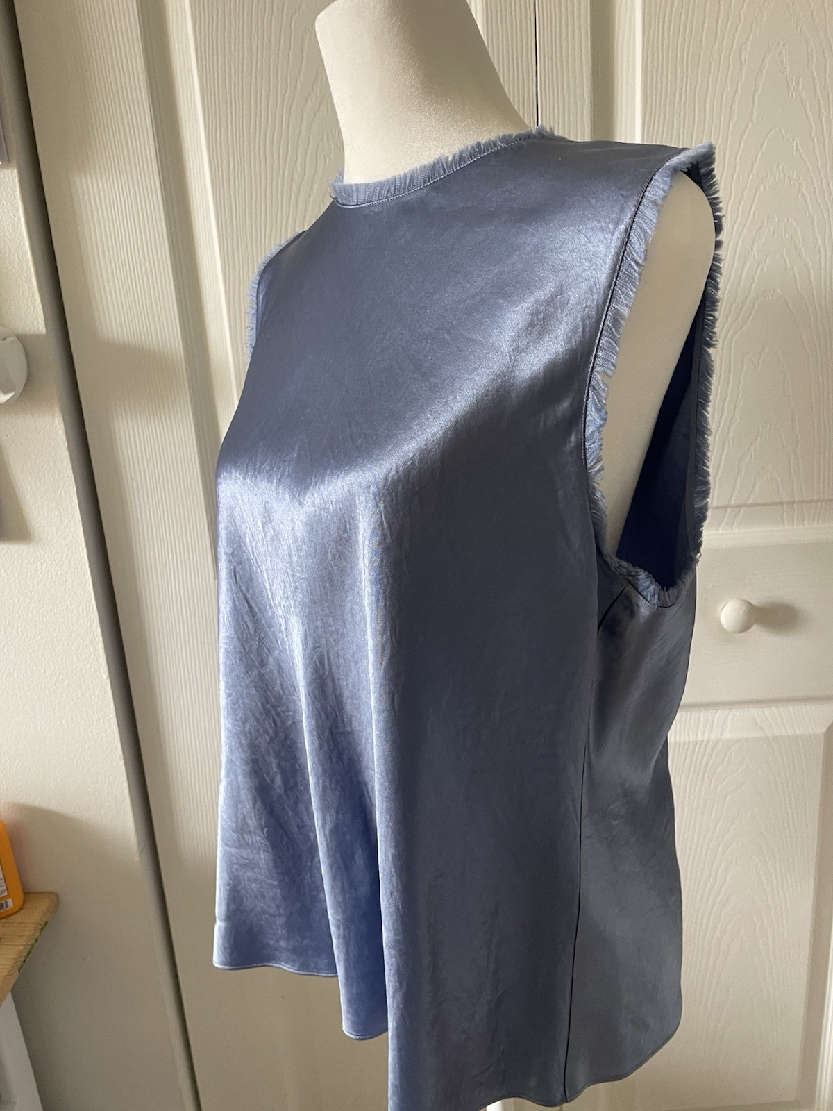 Vince Satin Fray Edge Shell Blue Sleeveless Top Womens Size L Bias