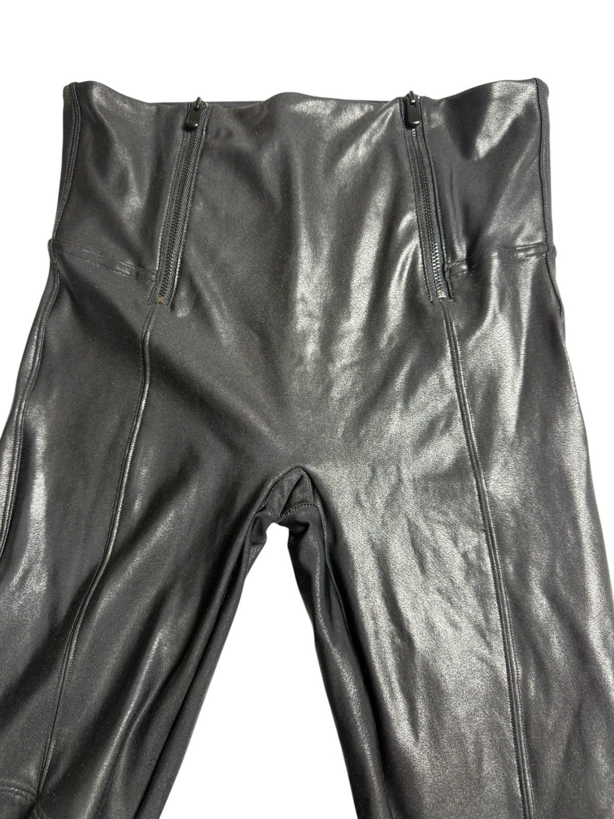 Spanx Faux Biack Leather Woman’s Large Leggings Classic Front Zippers Skinny