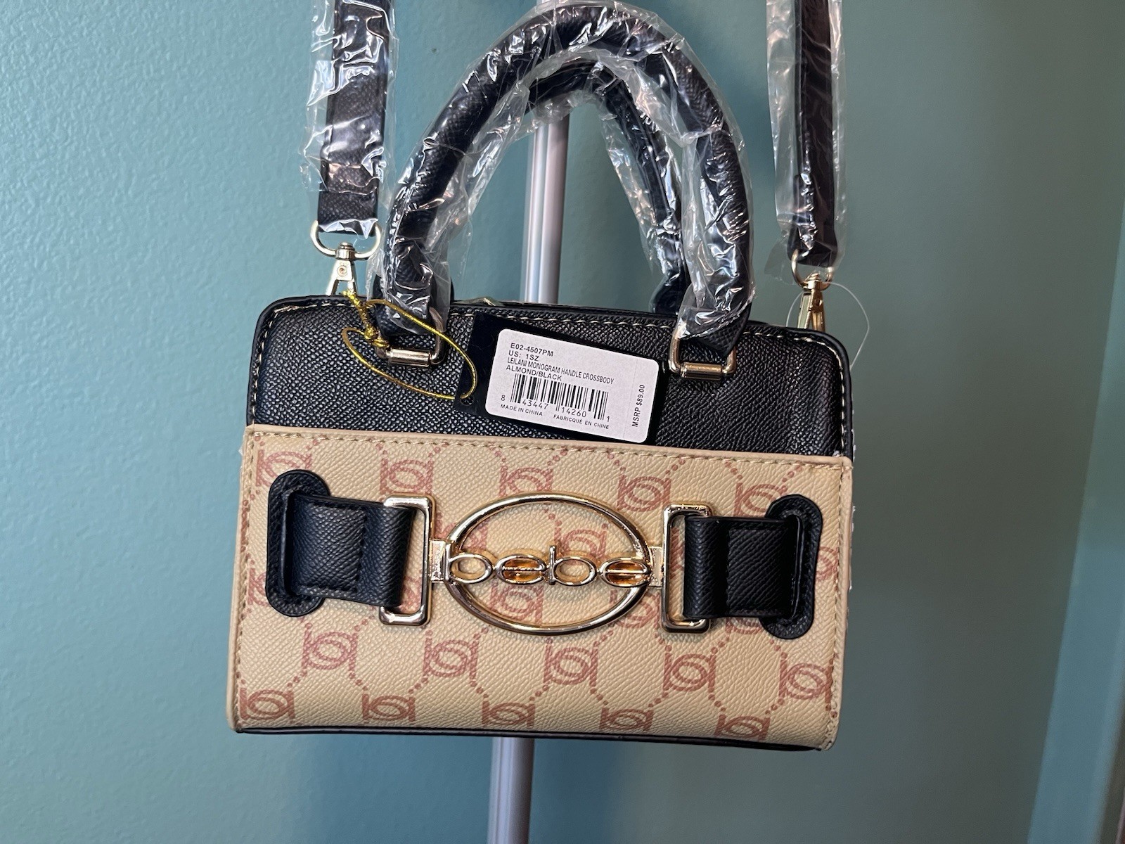bebe Monogram Small Crossbody Top Handle Zip Bag w/ Detachable Strap