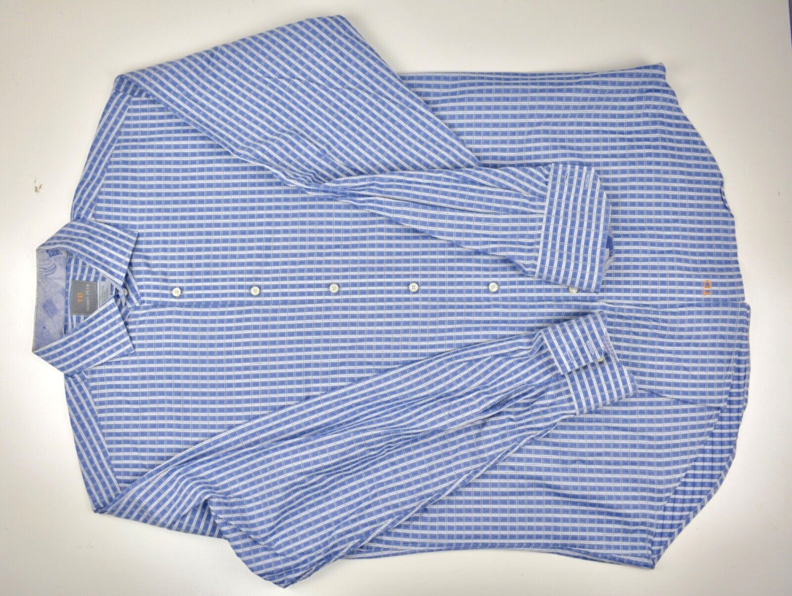 Thomas Dean Blue/White Geometric Check Spread Collar Dress Shirt Size: Large