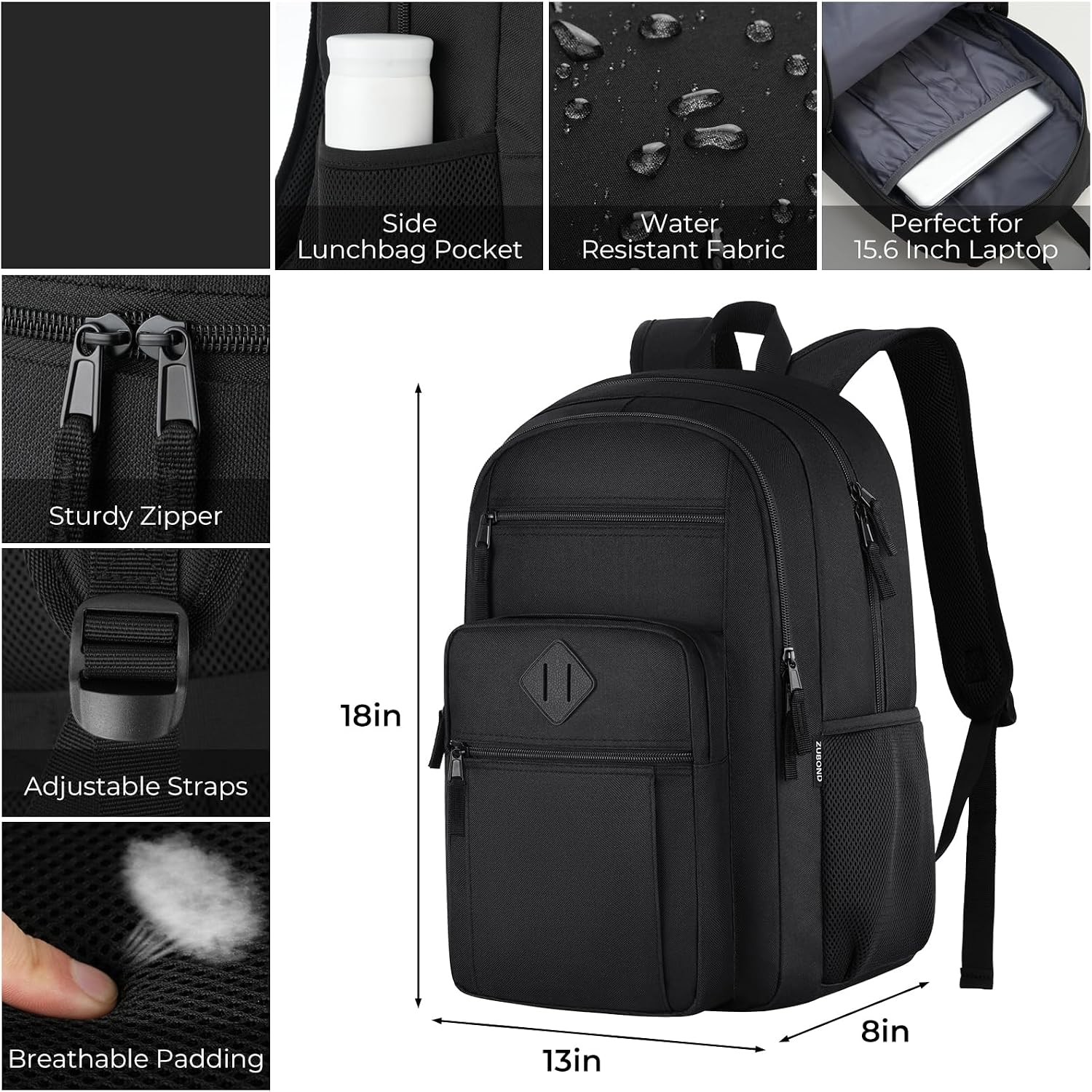 Unisex Black Backpack for School, Lightweight Boys Girls Fits 15.6 inch Notebook