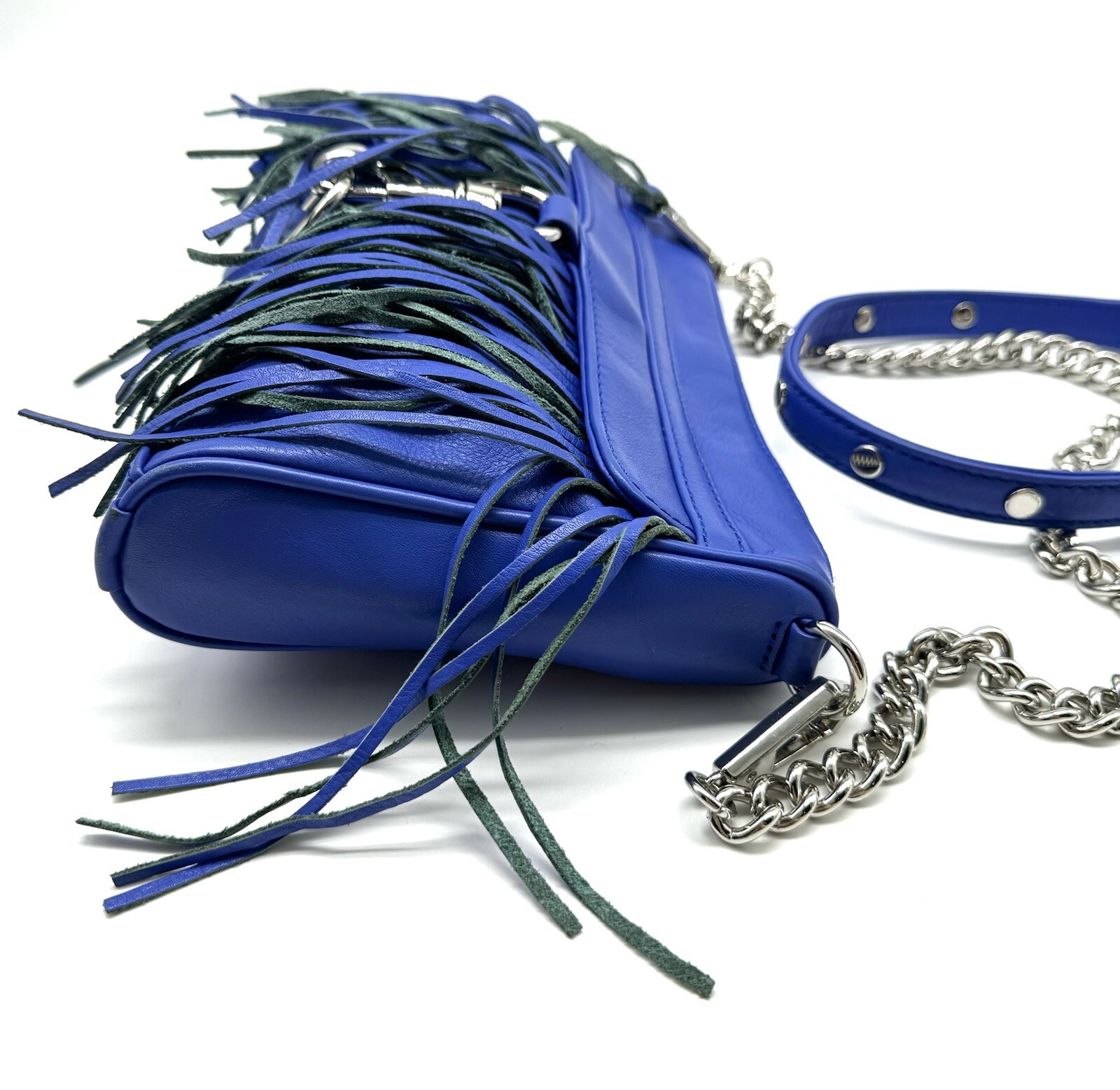 Rebecca Minkoff Mini MAC Fringe Crossbody Bag Cobalt Blue Leather Chain NWOT