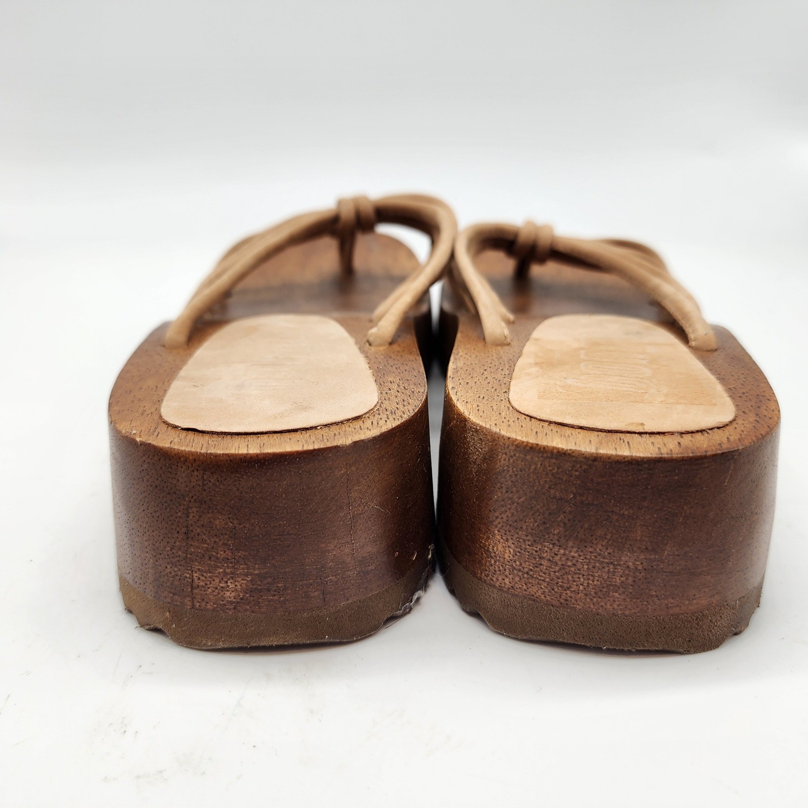Bongo Vintage Y2K Wooden Platform Sandals Women’s 8M Tan Leather Strappy Wedge