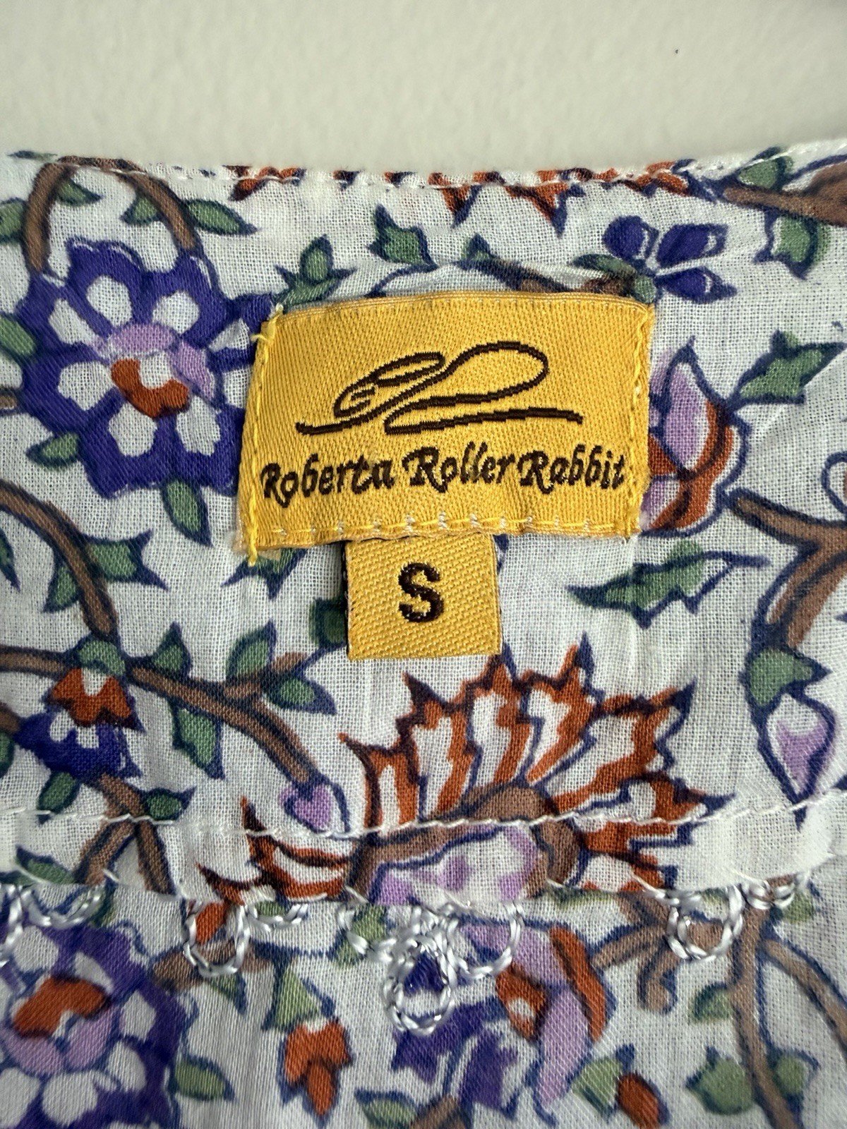 Roberta Roller Rabbit 100% Cotton Floral Print Embroidered Tunic Blouse Small S