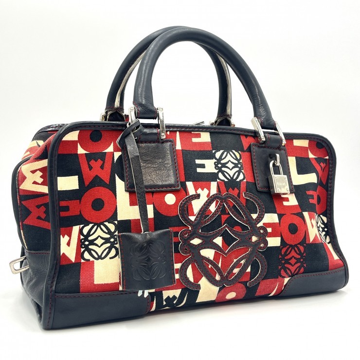 LOEWE Amazona 28 Hand Bag Red Black Monogram Canvas Leather