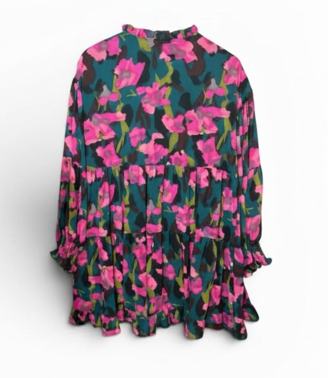 Jodifl Chasing Dreams Floral Tiered Chiffon Mini Dress Teal Pink, Size Medium