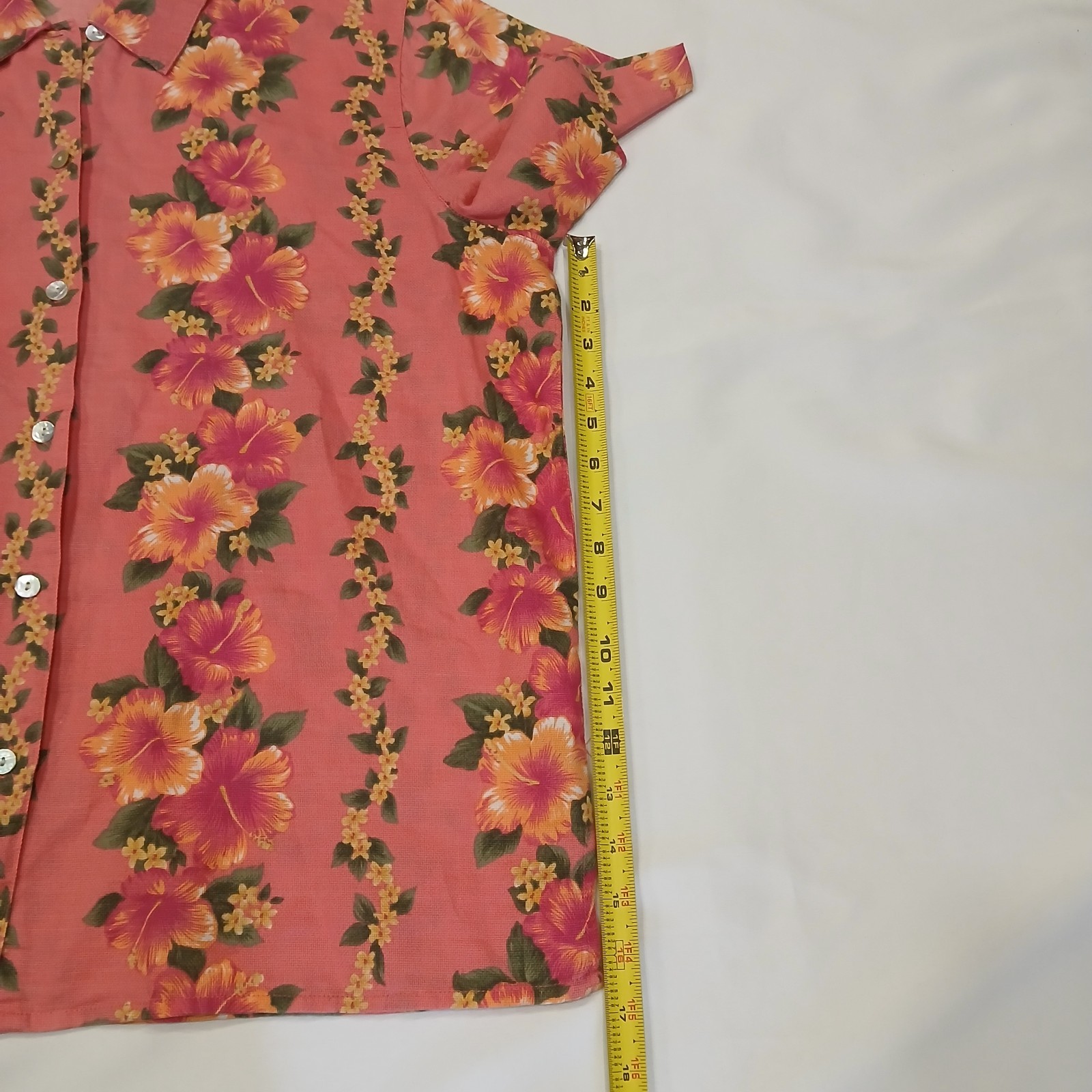 Lemon Grass Womens L Coral Button Up Shirt Hawaiian Hibiscus Linen Cotton Aloha