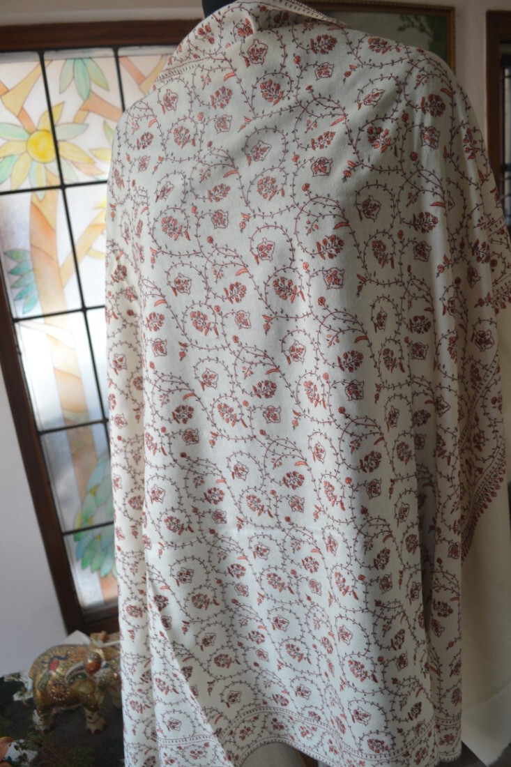OFF-WHITE MICRO JAAL KASHMIRI EMBROIDERY WEDDING SHAWL 100% CASHMERE PASHMINA