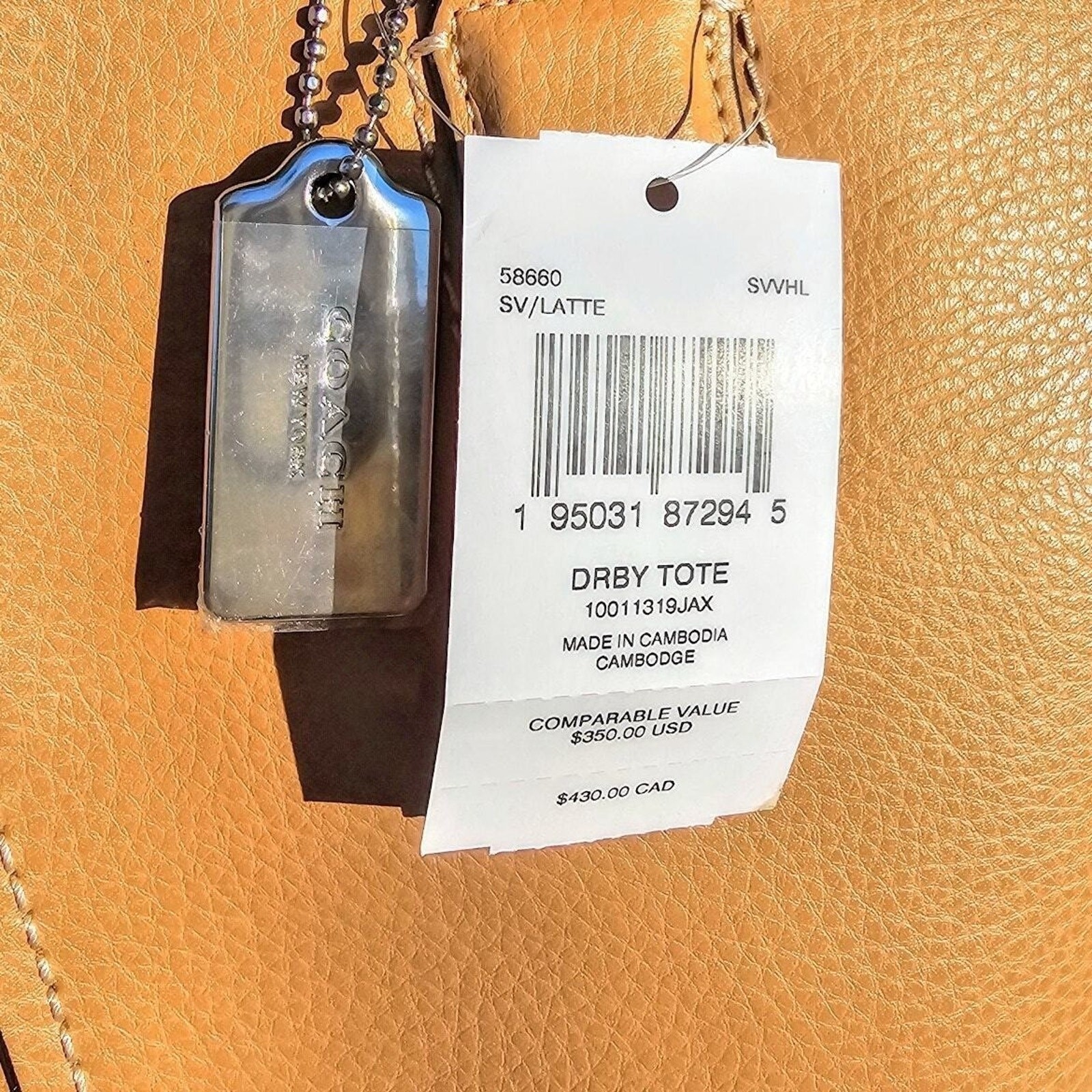 Coach 58660 Derby Tote Pebble Leather Shoulder Bag Latte Brown Yellow Lining NWT