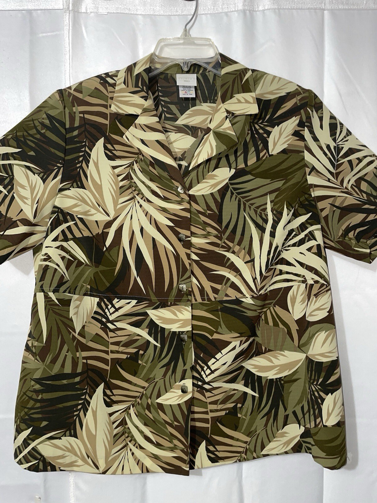 Vintage Studio C Green Tropical Button Up Top Shoulder Pads Hawaiian Sz 18