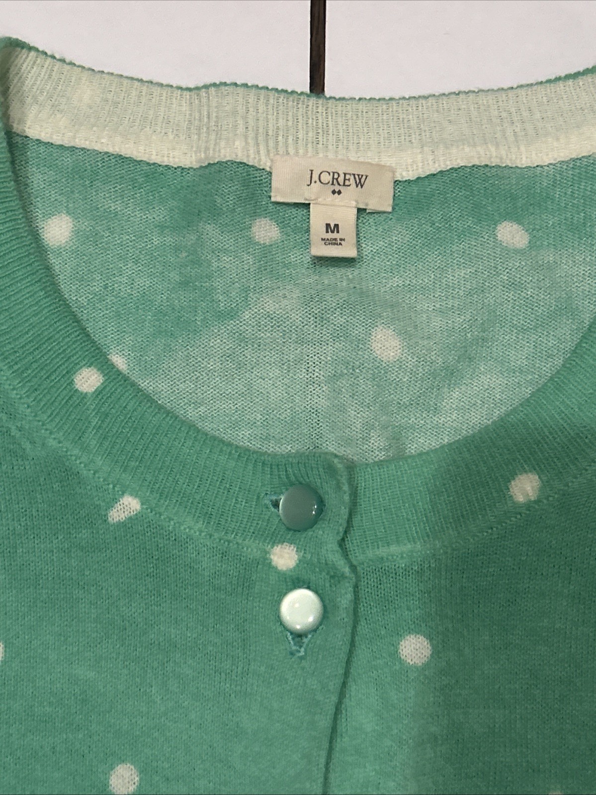 JCrew Size M Thin Teal Cardigan With White Polka Dots
