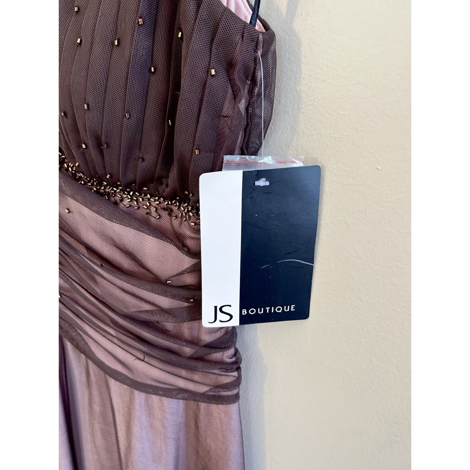 JS Boutique Y2K Dress Baby Doll Beading Ruching Tulle Sheer Brown Pink NWT
