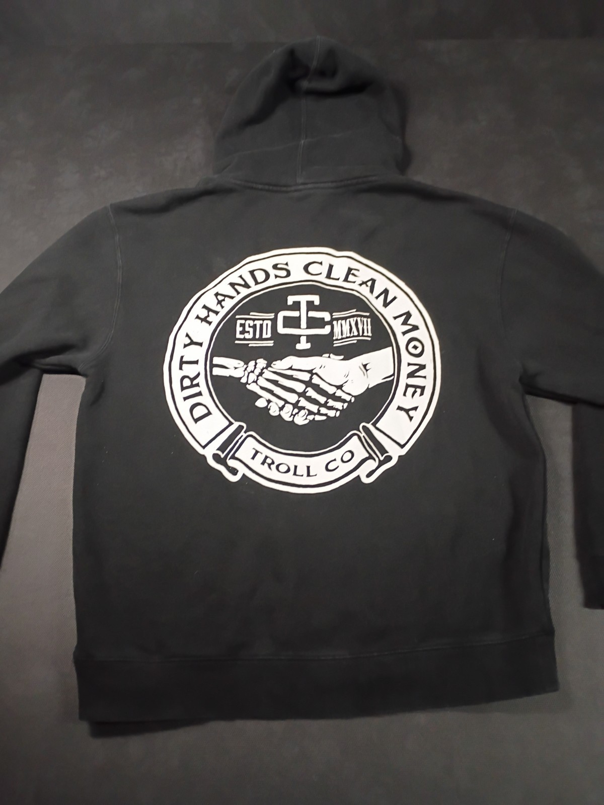 Troll Co Men’s Hoodie Dirty Hands Clean Money Graphic Black With White Writing