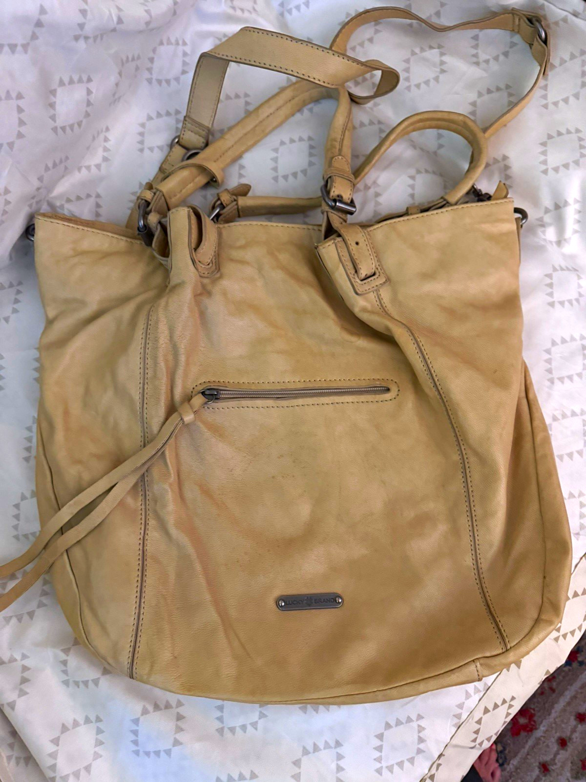 Lucky Brand Beige Satchel Top Handle Bag Zip Closure w/ Detachable Strap