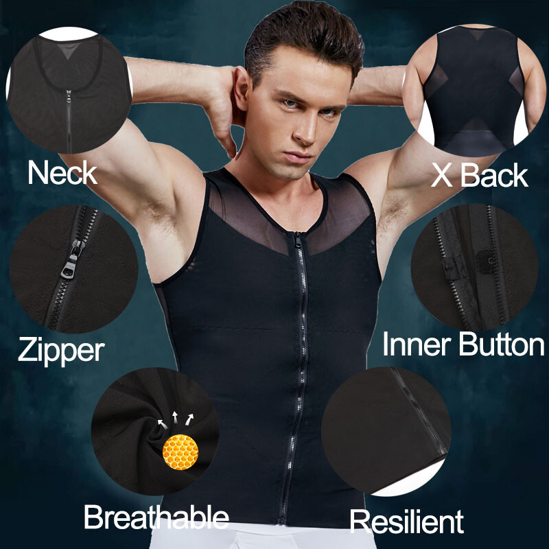 Men Compression Vest Top Body Shaper with Zipper Slimming Shirts Correct Posture