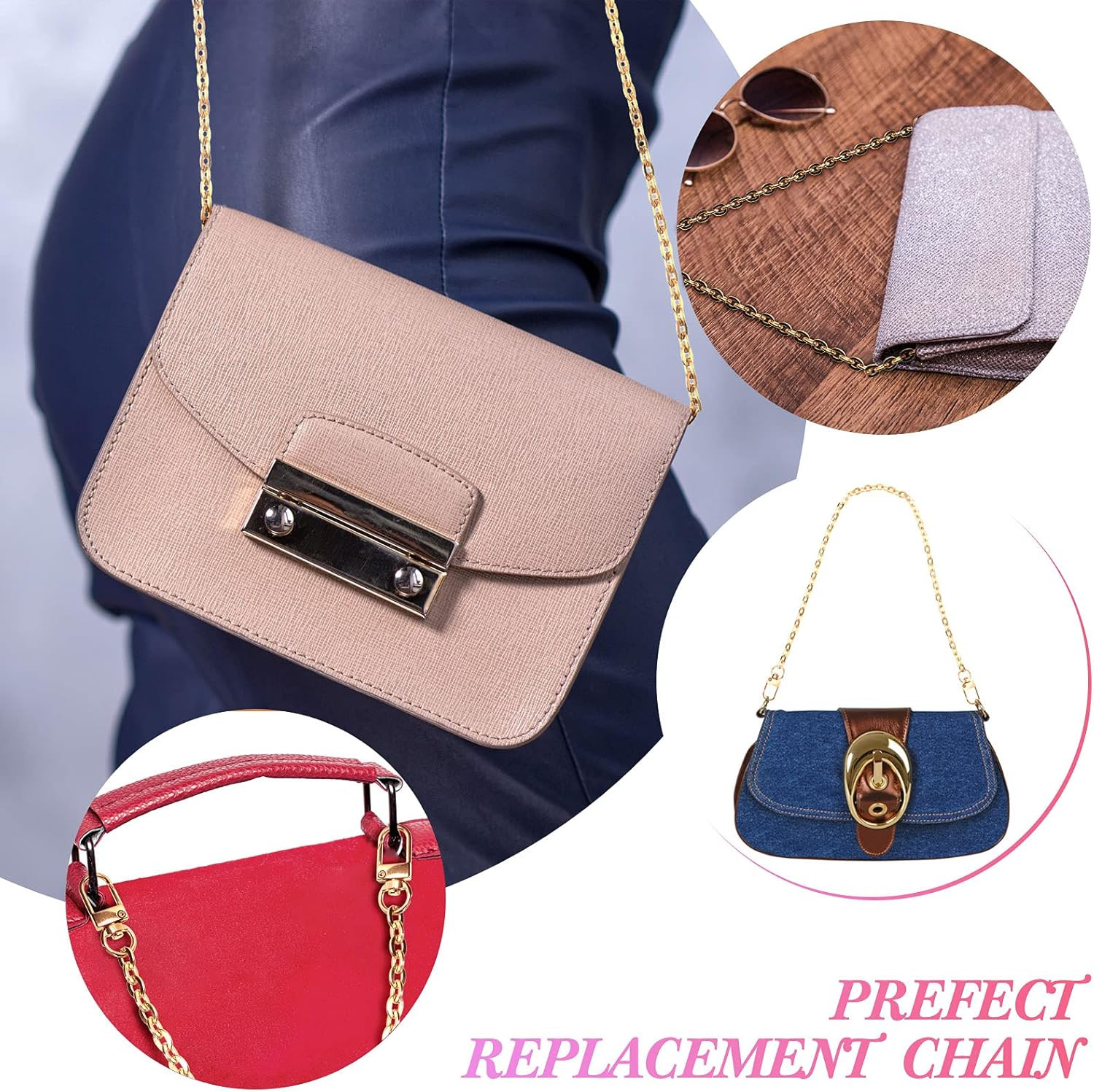 3 Pcs Gold Purse Chains Purse Strap Flat Shoulder Link Chains, Classic Style Mi