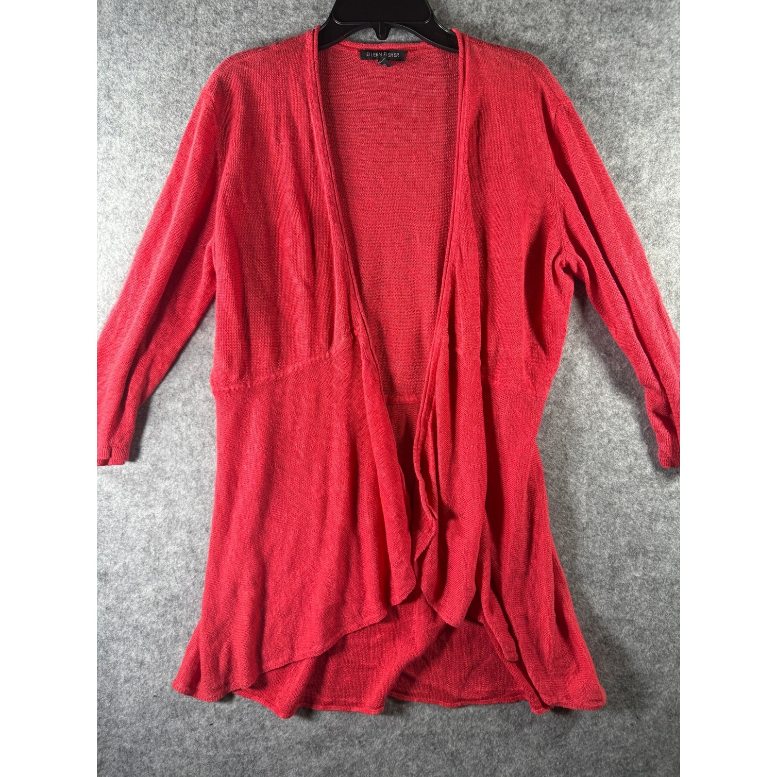 Eileen Fisher Coral Red Open Front Draped Cardigan Sweater Medium High Low Hem