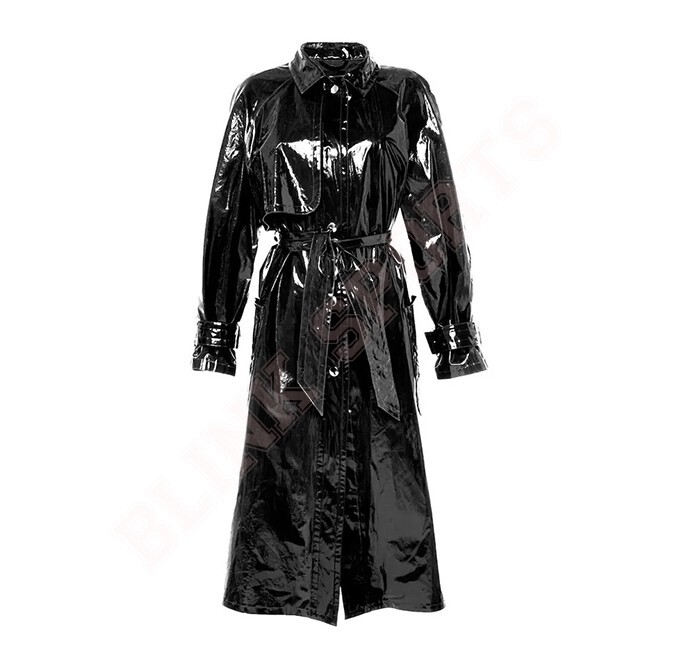 Women Trench Vinyl Shiny Gothic Coat PVC Emo Top quality Faux Leather Black Coat