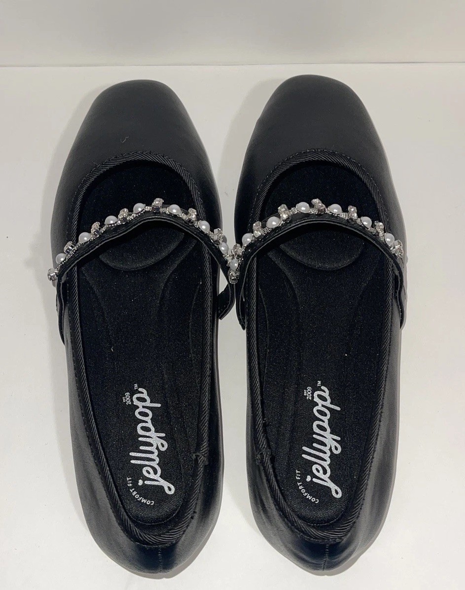 Jellypop Comfort Fit Black Ballet Flats Women’s 7 Pearl Rhinestone Dress Shoes