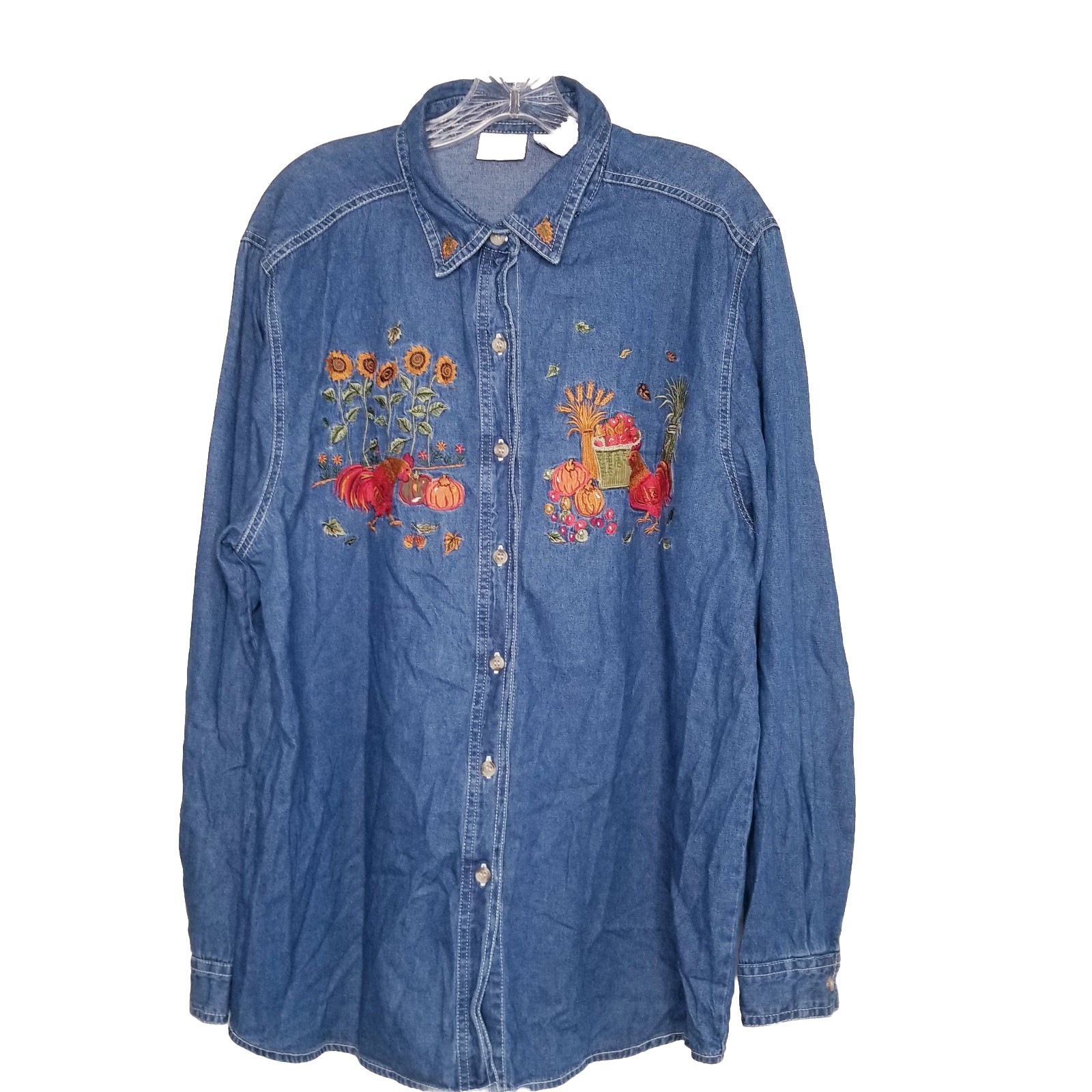 Vtg Bobbie Brooks Denim Button Up Shirt XL Chickens Sunflowers Fall Embroidered