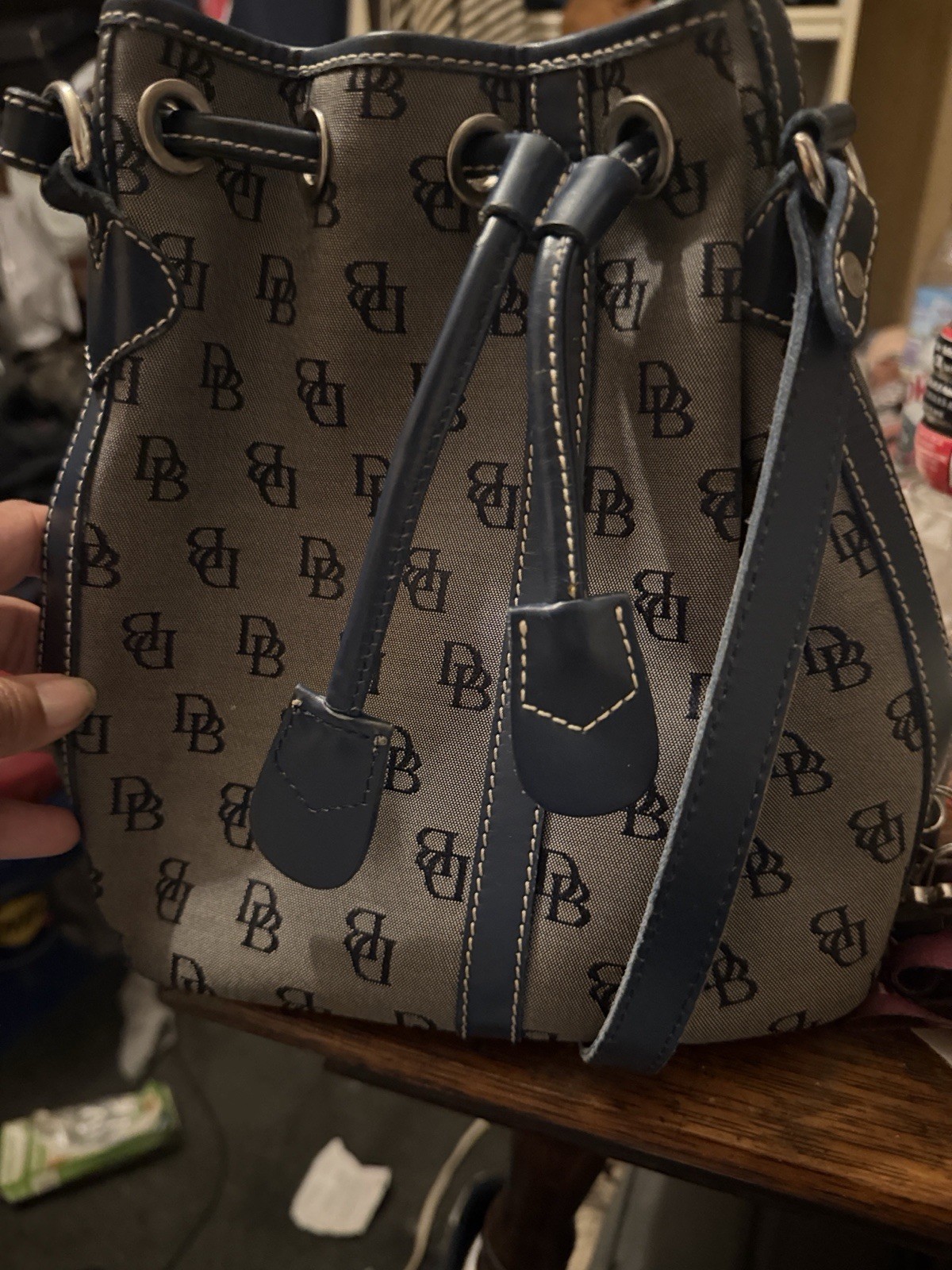 Dooney & Bourke Monogram Drawstring Bucket Bag Beige/Navy Shoulder Strap