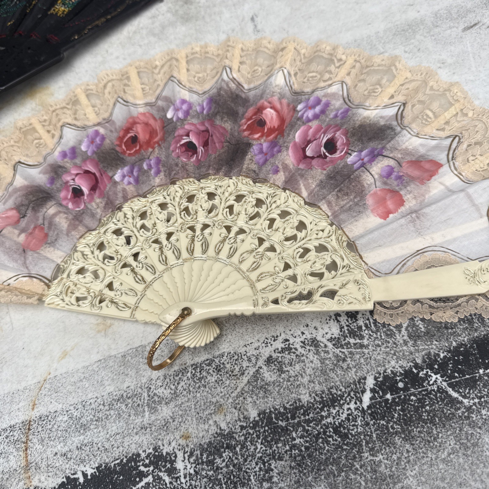 Victorian Style Multicolor Floral Hand Fan Black Lace Trim Fabric Plastic