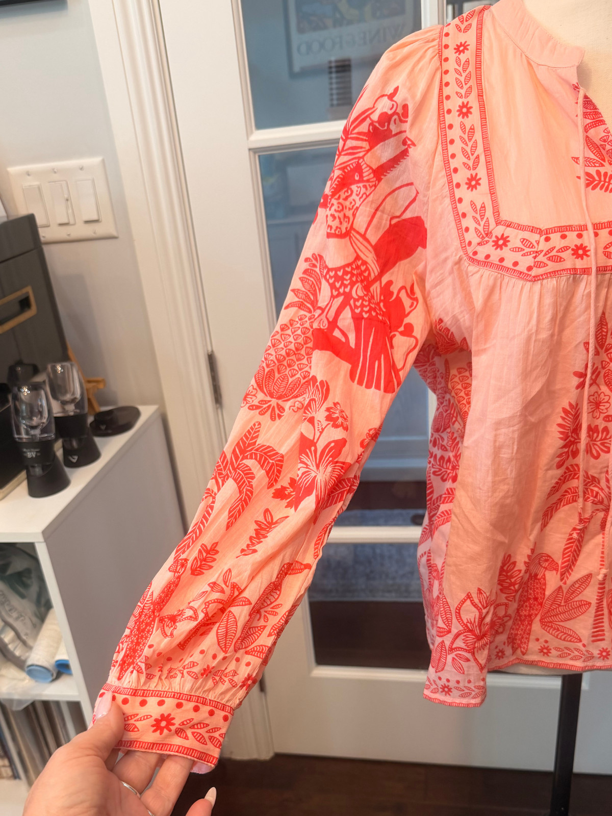 Calypso St. Barth Womens Boho Peasant Beach Blouse Top Peach Palm Tree Design M