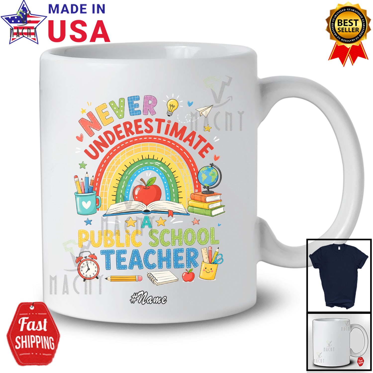 Custom Name Never Underestimate Public Teacher School; Rainbow Pencil T-Shirt