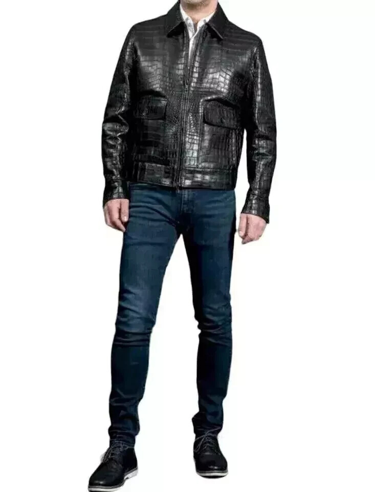 Men’s REAL LEATHER Black Crocodile Embossed Jacket Biker, All sizes Available