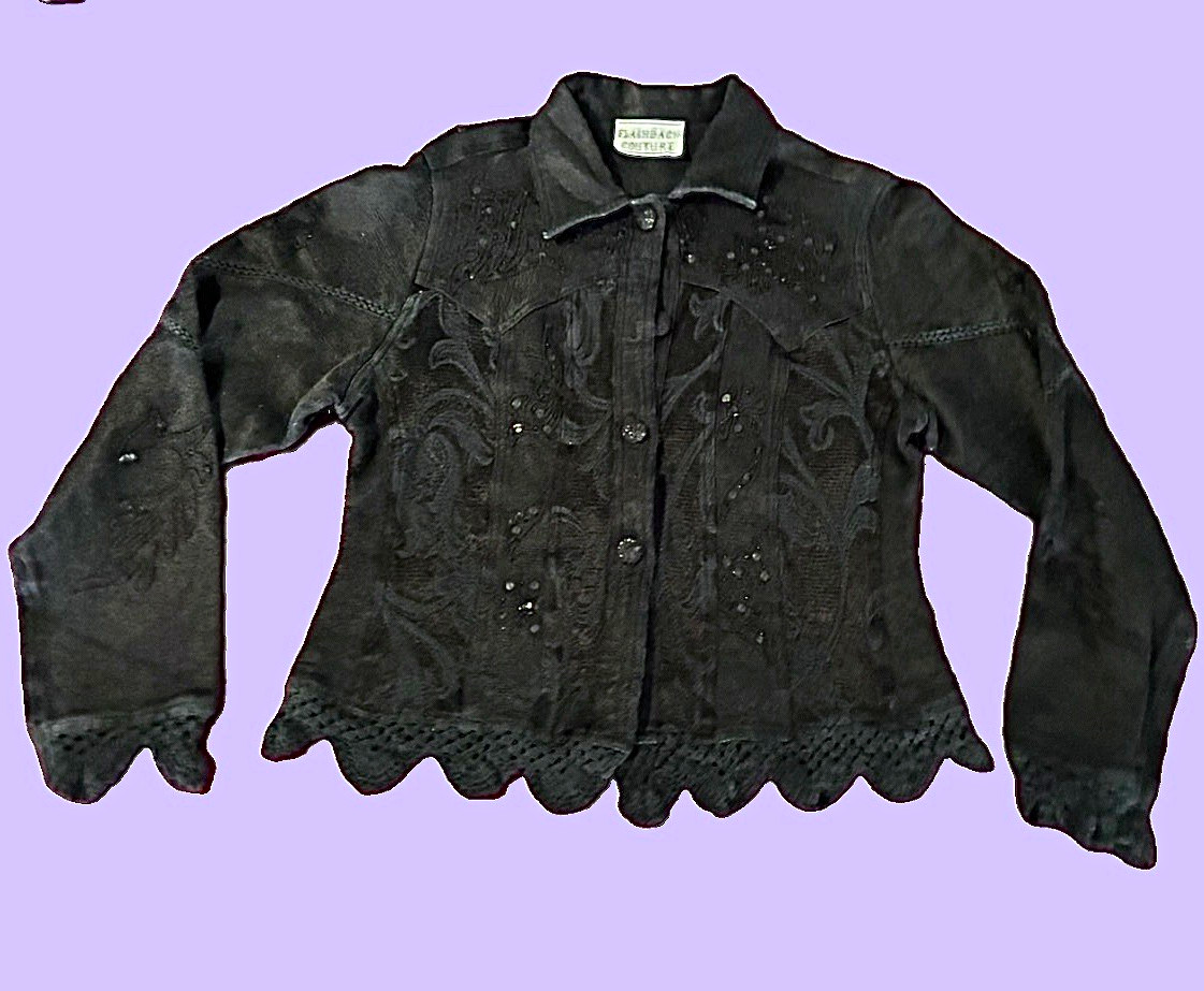 Flashback Couture Black Lace Cotton Sequined Button-Up 80s Glam Retro Jacket