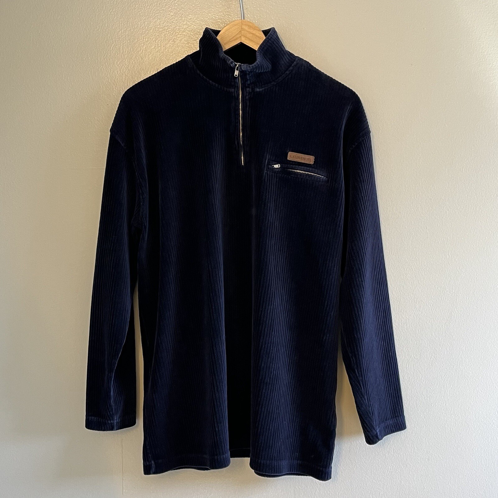 Lauren Ralph Lauren Vintage Blue Corduroy Mock Neck 1/4 Zip Pullover Top M