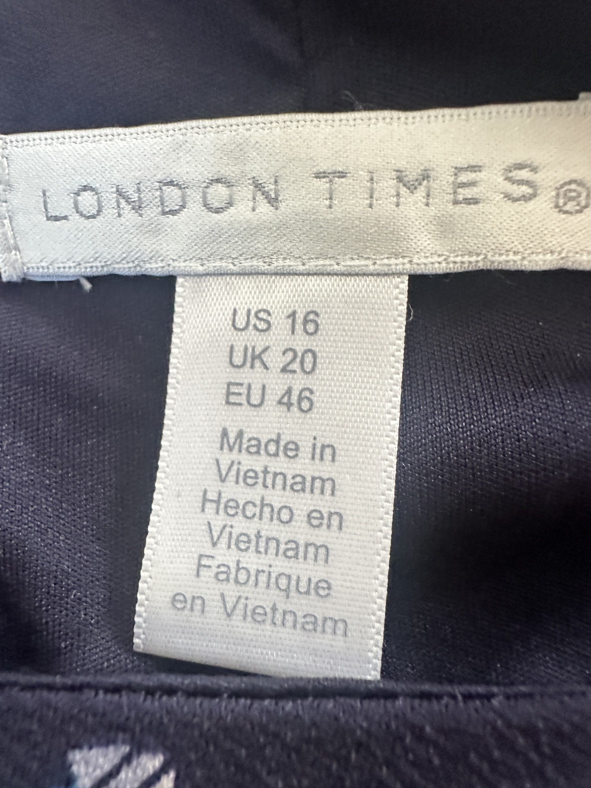 London Times Abstract Print Key Hole Long Sleeve Tucked Dress Size 16 Navy