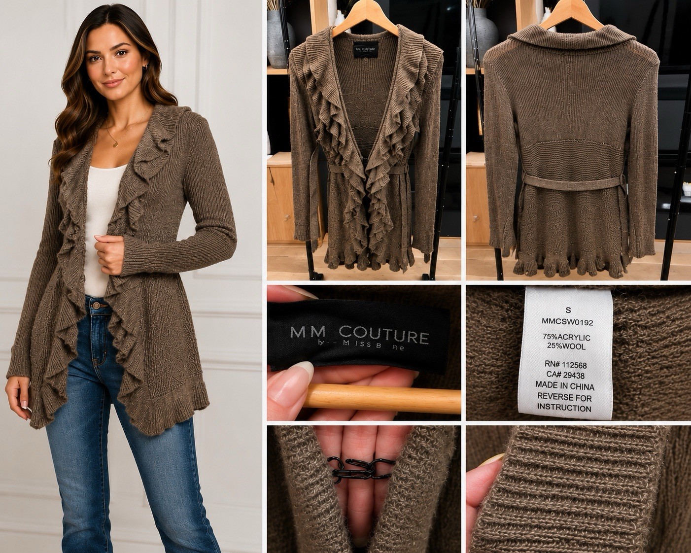 Small Taupe Ruffle Front Wool Blend Knit Cardigan Sweater