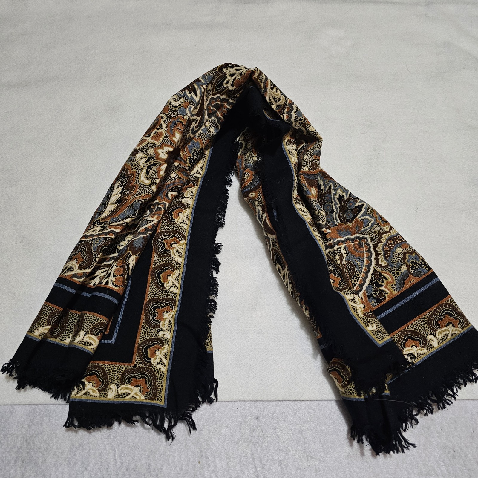 Paisley Fringed Scarf Rectangle – Black, Brown, Cream – 33 in x 31 in