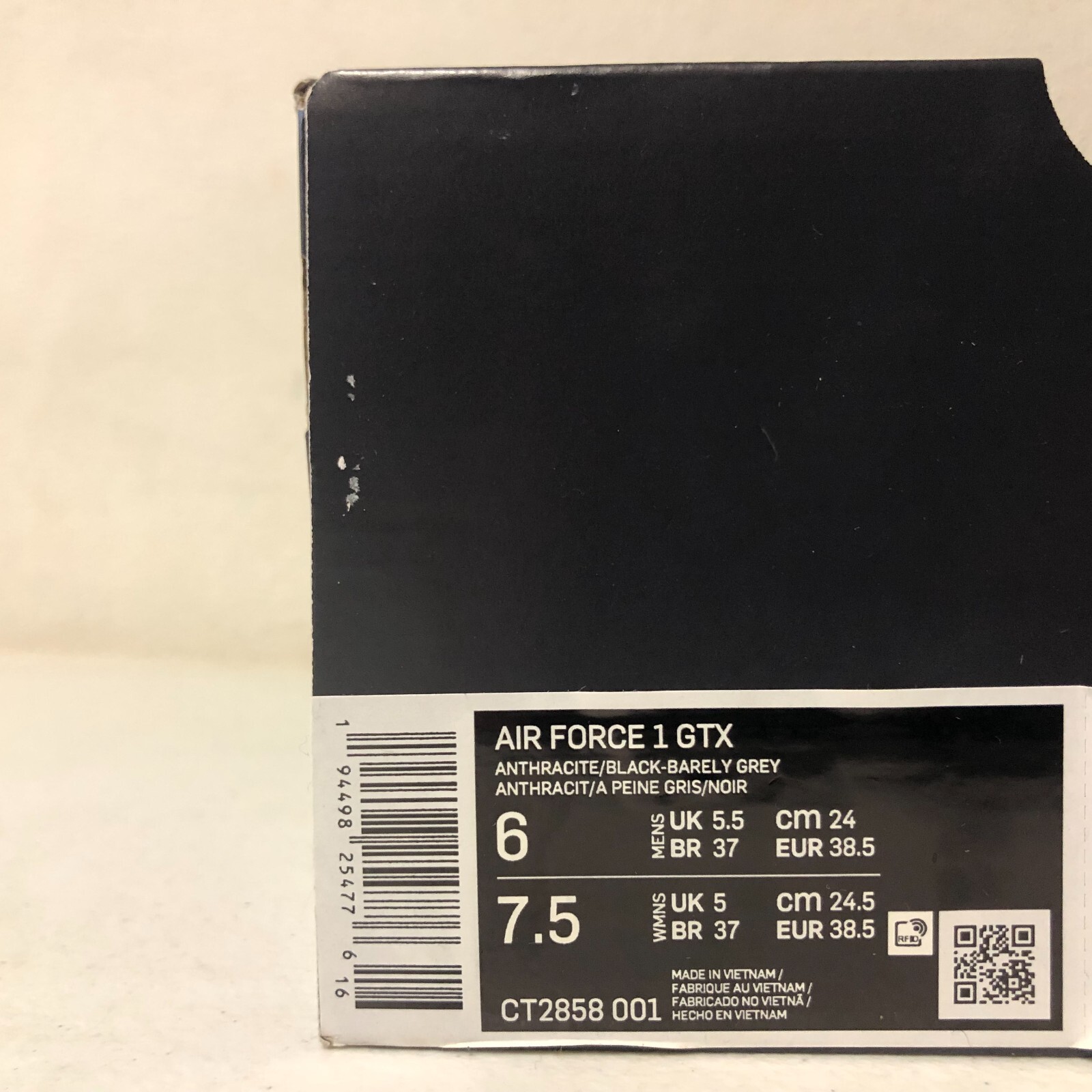 Nike Air Force 1 GTX Anthracite Black Barely Grey CT2858-001 Men’s Size 6