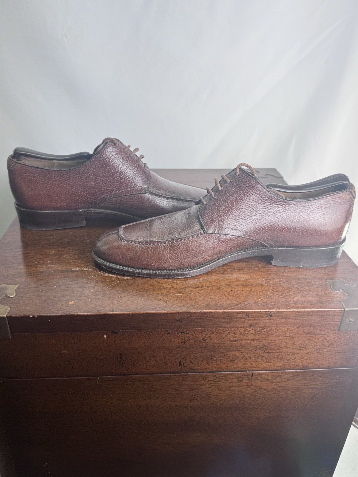 SALVATORE FERRAGAMO MEN’S US 7 D BROWN PEBBLE LEATHER CALF SPLIT TOE LACE UP BOX