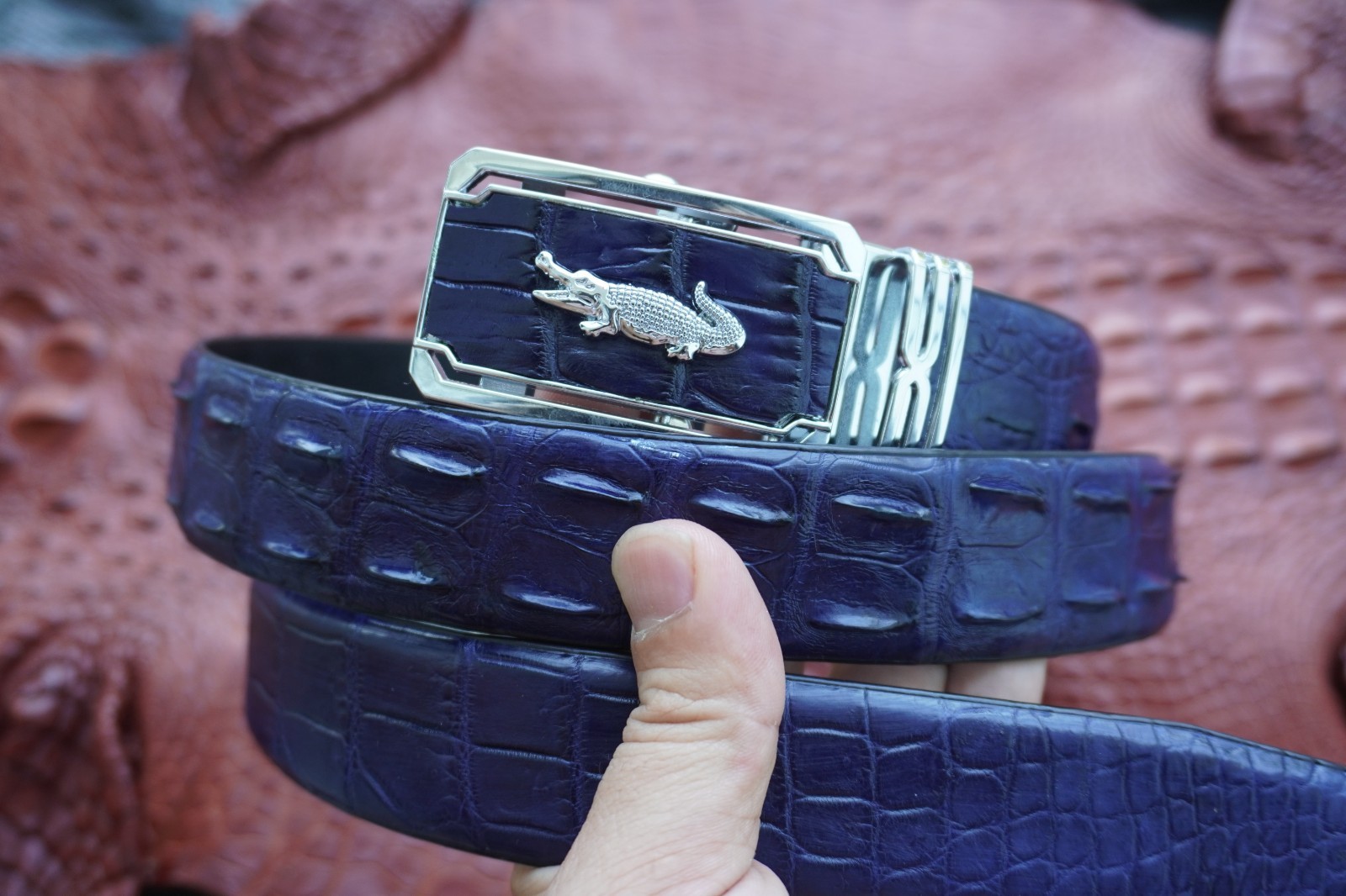 W 1.3 inch – Blue Real CROCODILE Hornback LEATHER Skin Men’s Belt #P22