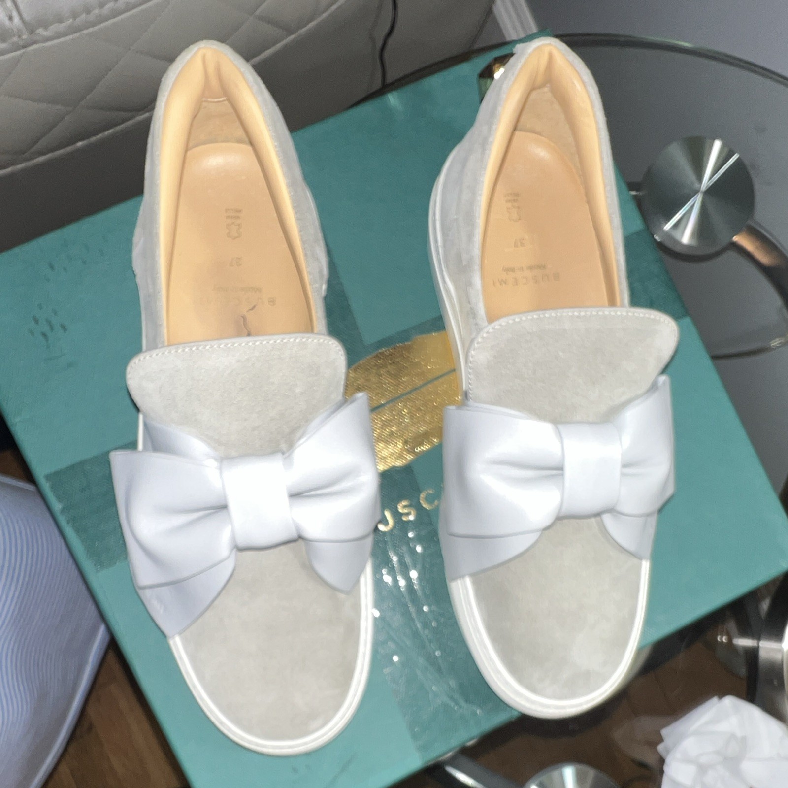 Buscemi Women’s Suede Slip-On Flats Bow Accent Gray White US 7 EU 37