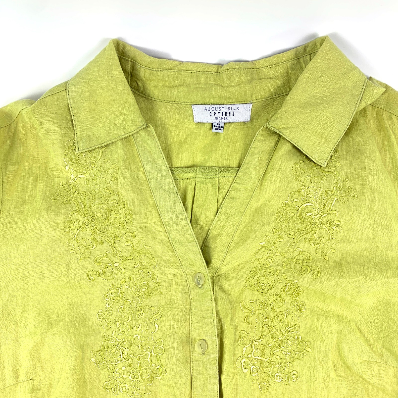 August Silk Options Button Up Blouse Sz 1X 100% Linen Lime Green Embroidered SEE