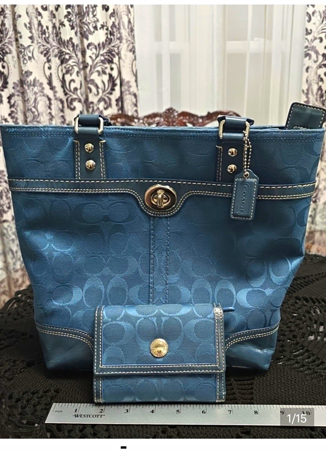 EUC Coach Blue Signature Tote Bag with Matching Wallet, Zip & Turn Lock, Pockets