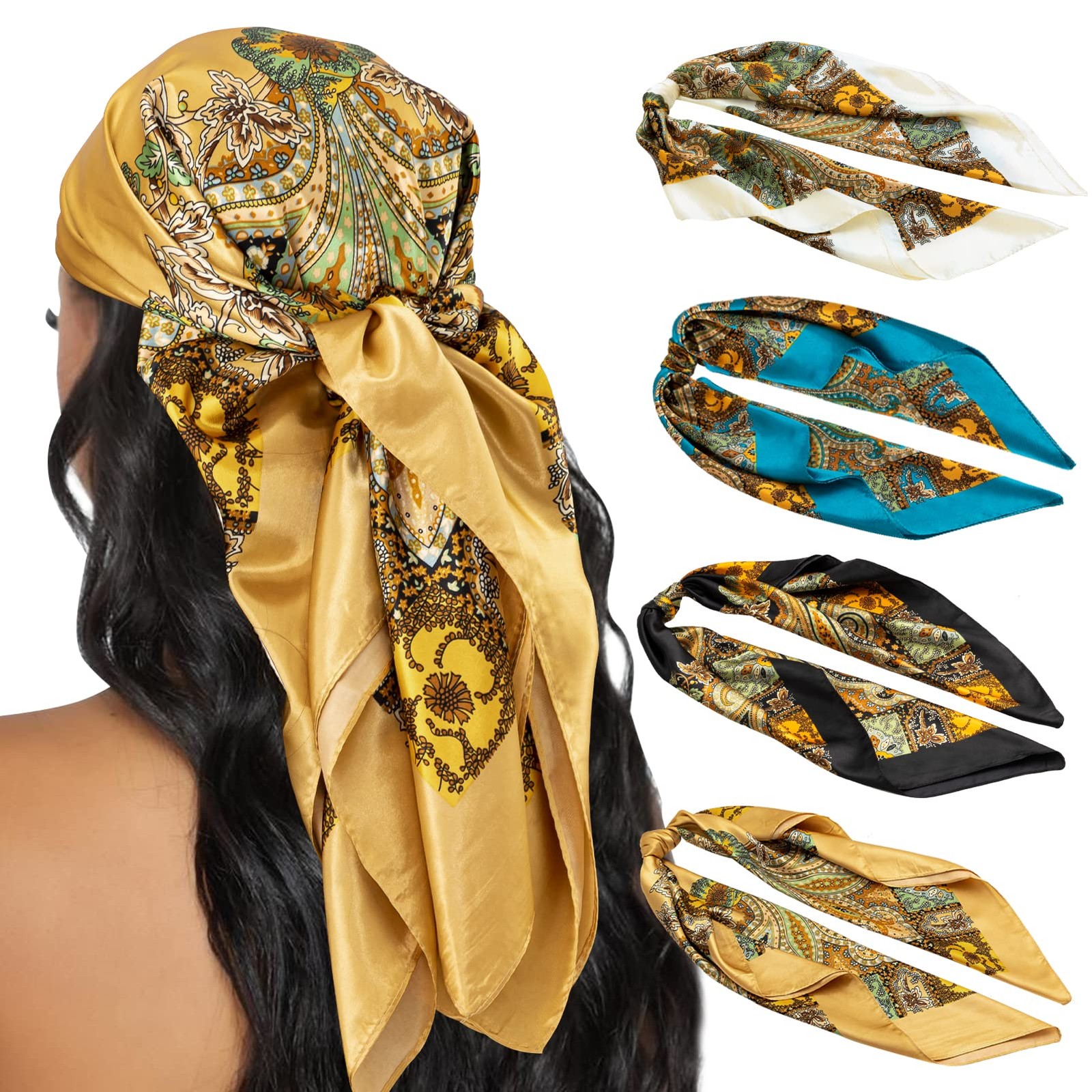 HBselect 4PCS Head Scarf for Women 35” 35 inches, Black, Camel, Beige, Blue