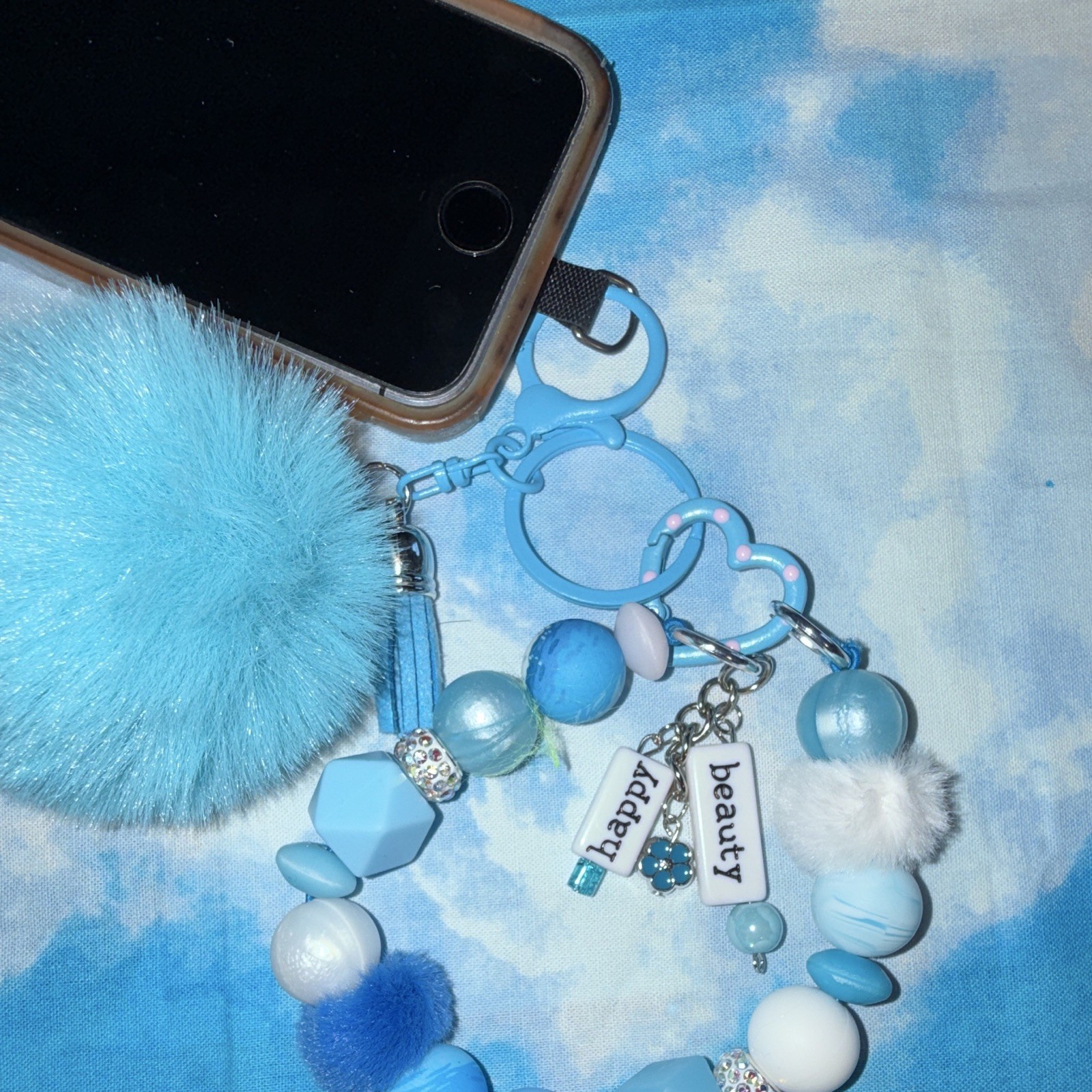 Blue Faux Fur Pom Pom Beaded Key Chain/Bag Charm w/Tassel & Detachable Clip