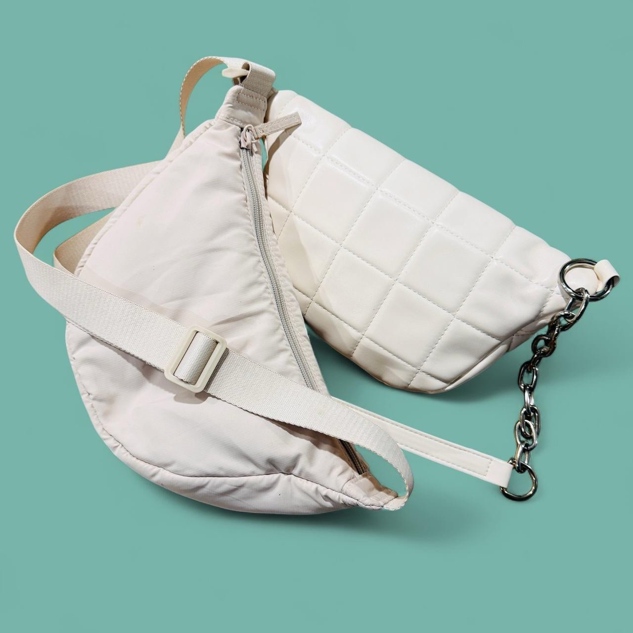Off White Crescent Shoulder Bag & Quilted Belt Purse Lot Y2K Minimalist Cream