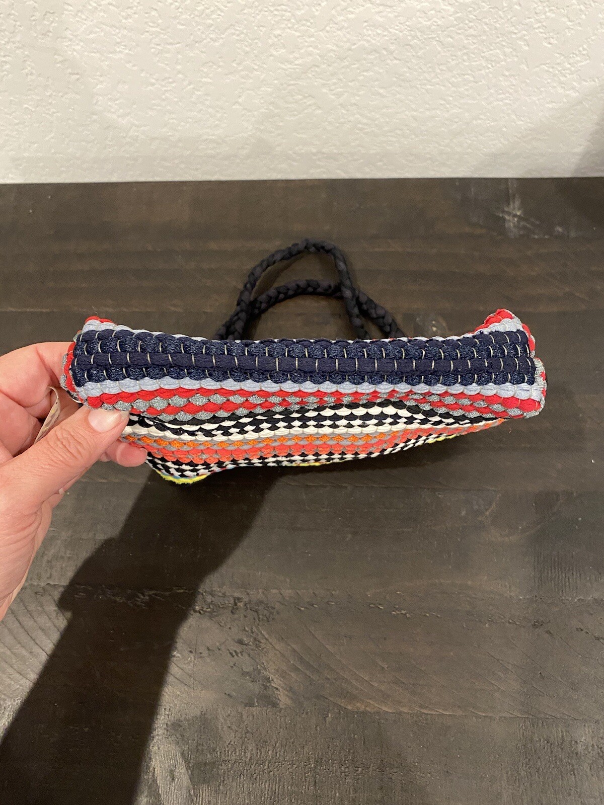 Hand Crocheted Small Purse Striped Multicolor 7 1/2 In Tall 8 In Wide