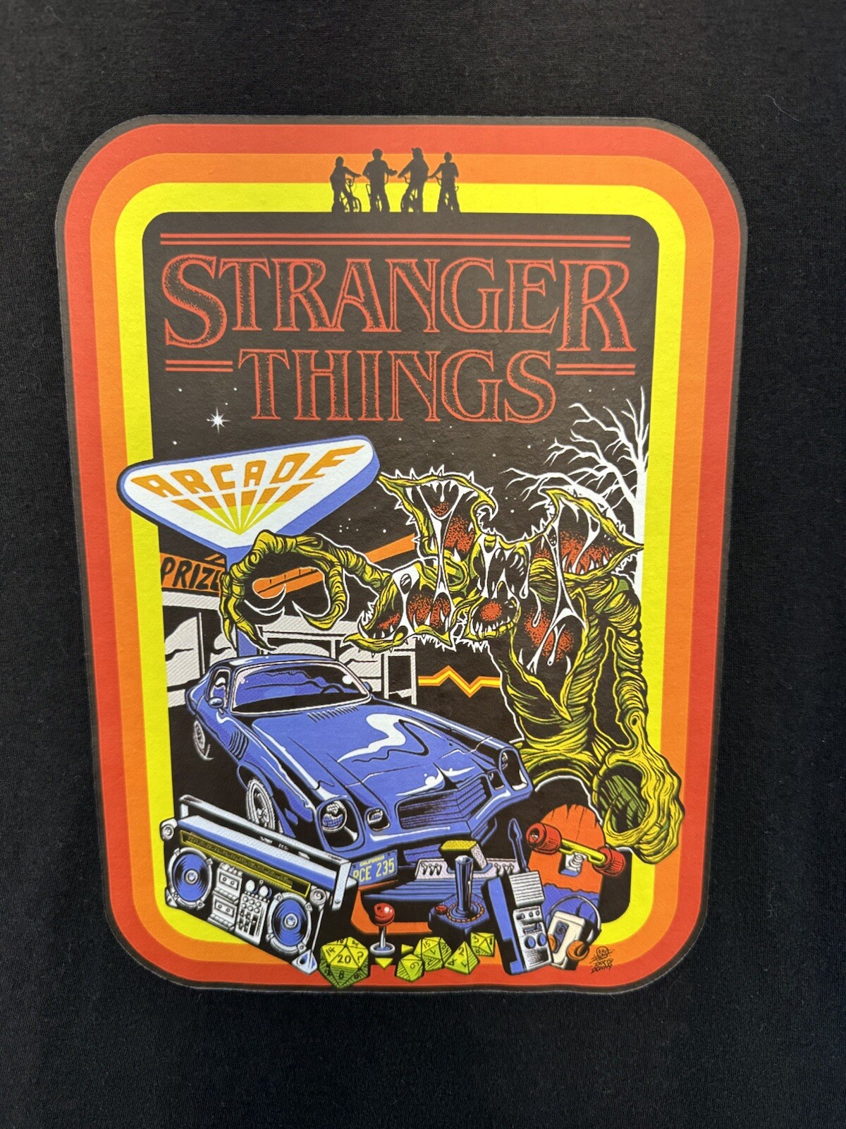 Men’s Stranger Things V Neck T Shirt Large Black With Collage Retro Boarder