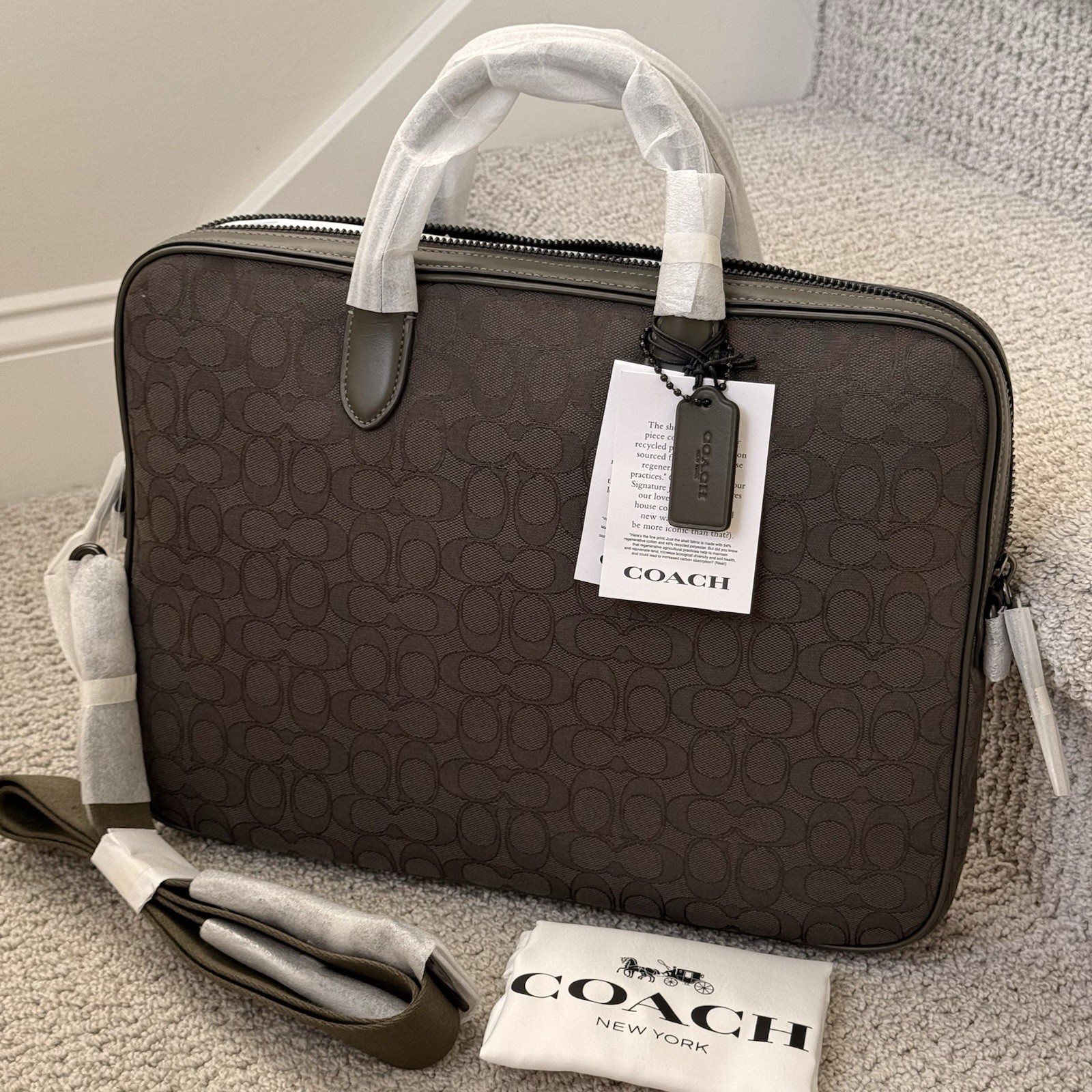 NWT COACH Men’s Theo Work Bag Signature Jacquard Leather CAK97 Green Olive Drab