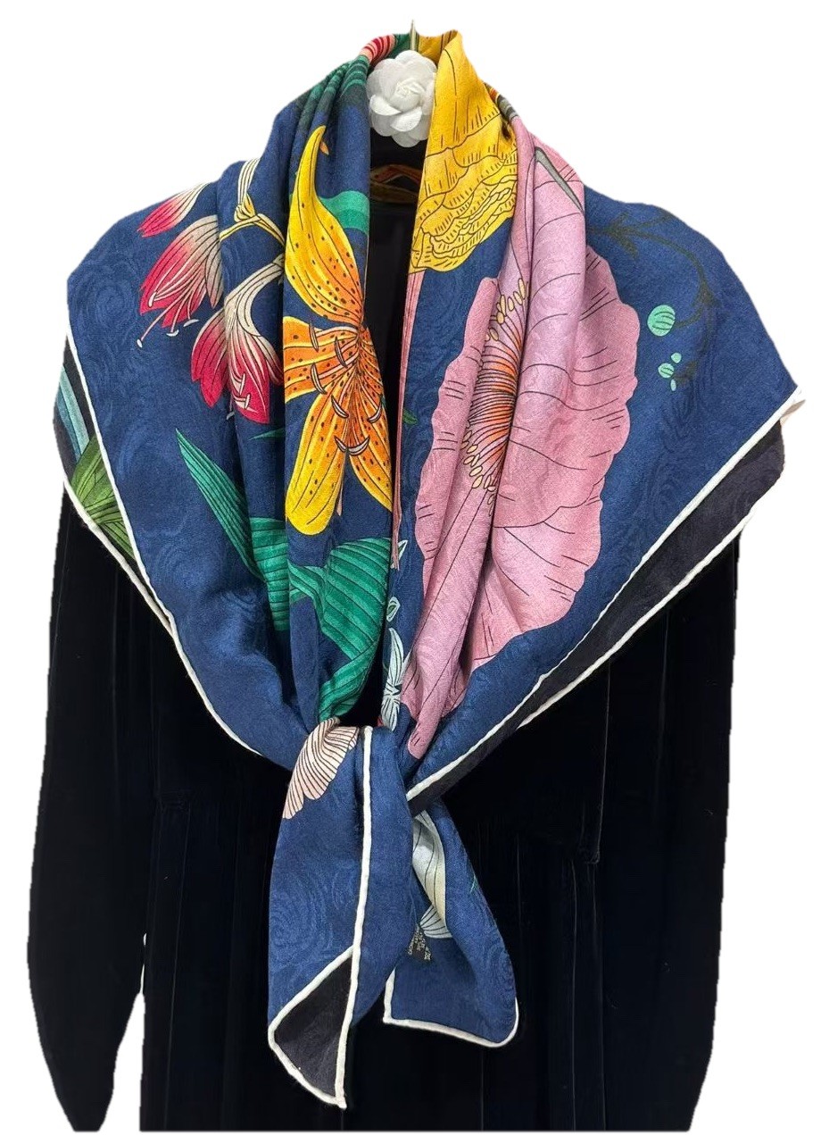 41″x41″Flower2 Print70shmere30%Silk Jacquard Double-sided Thin Scarf105x105cm