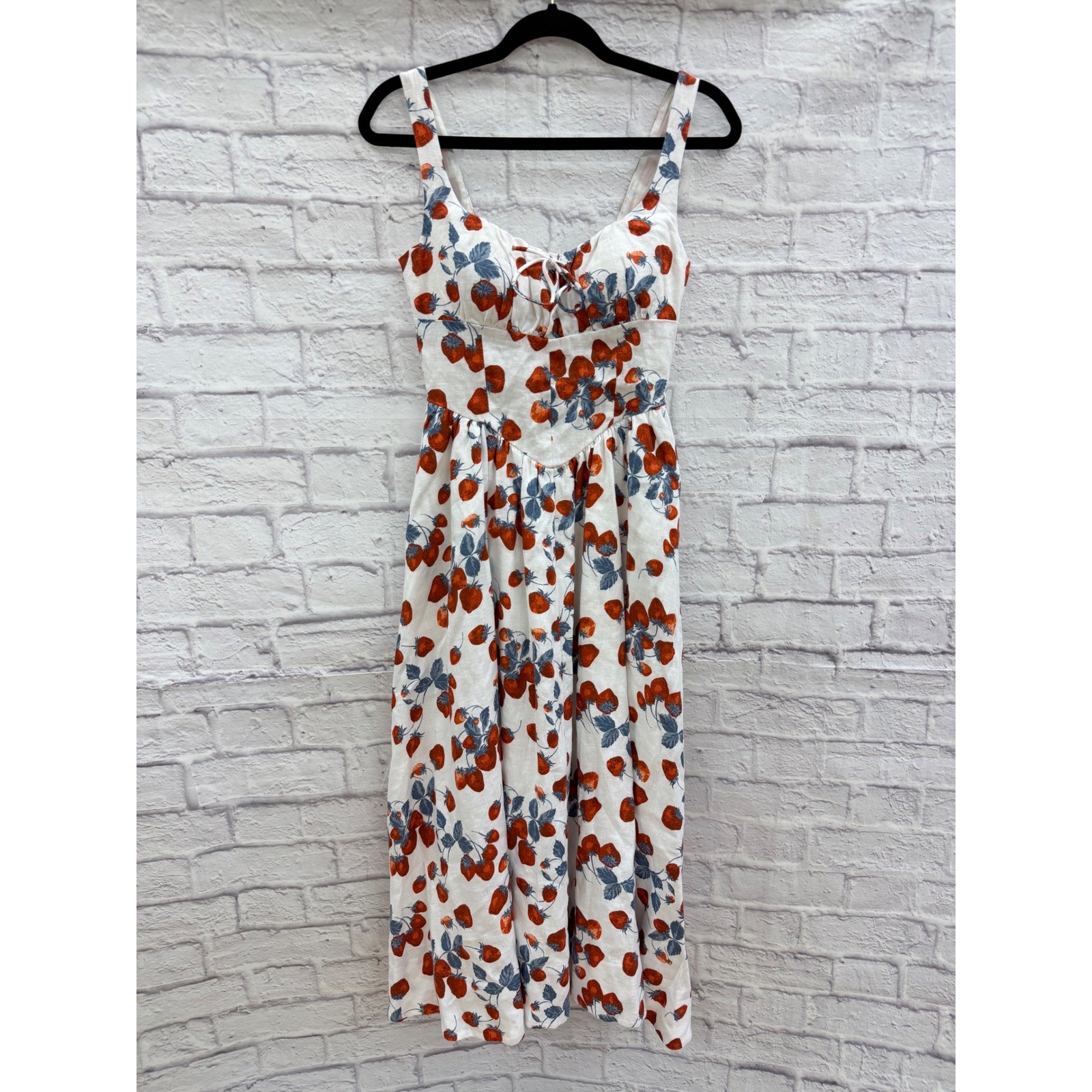 Reformation Balia Linen Strawberry Print Basque Waist Midi Dress White Red Sz 2