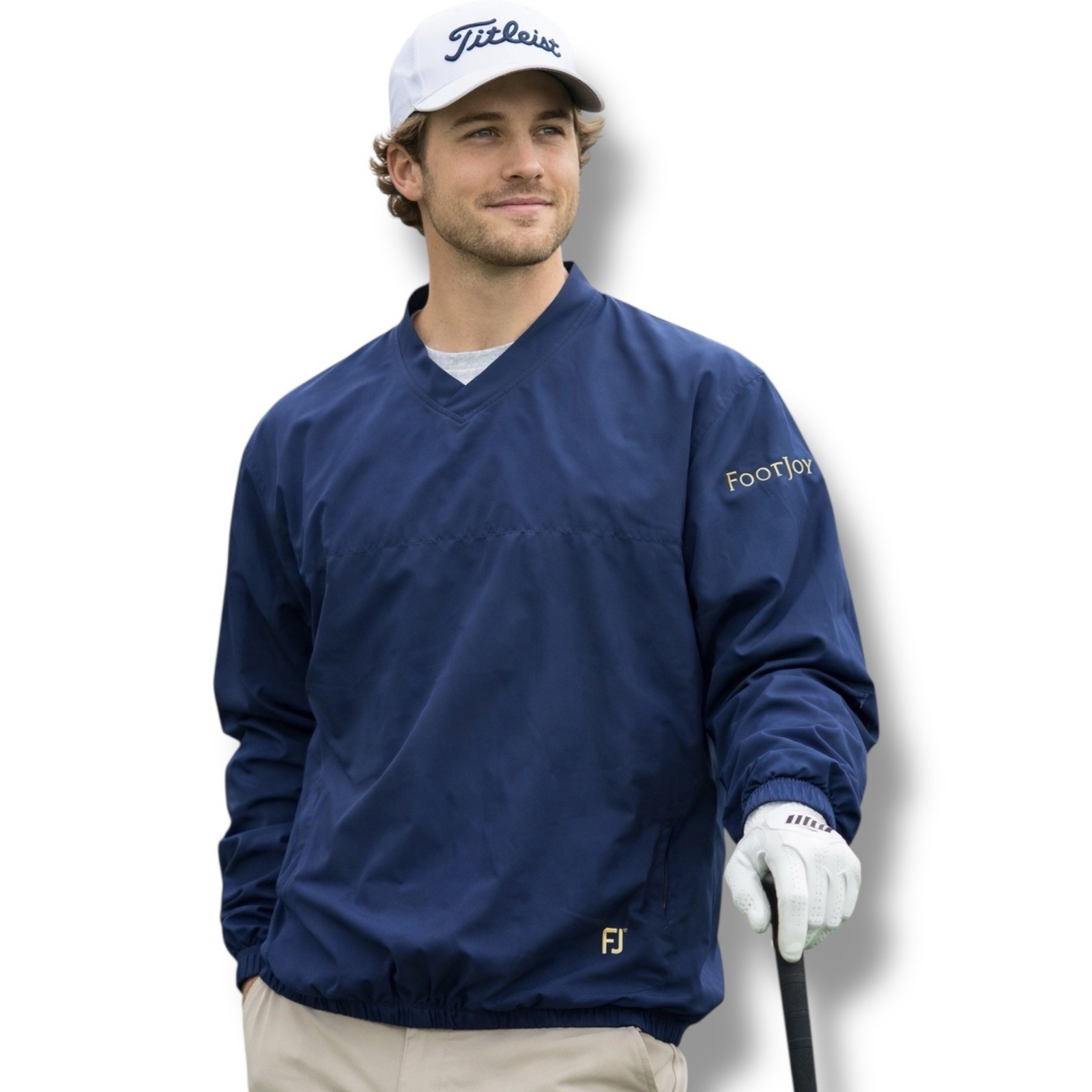 FootJoy Pullover Mens M Navy Blue V-Neck Windbreaker Golf Jacket PGA Patch