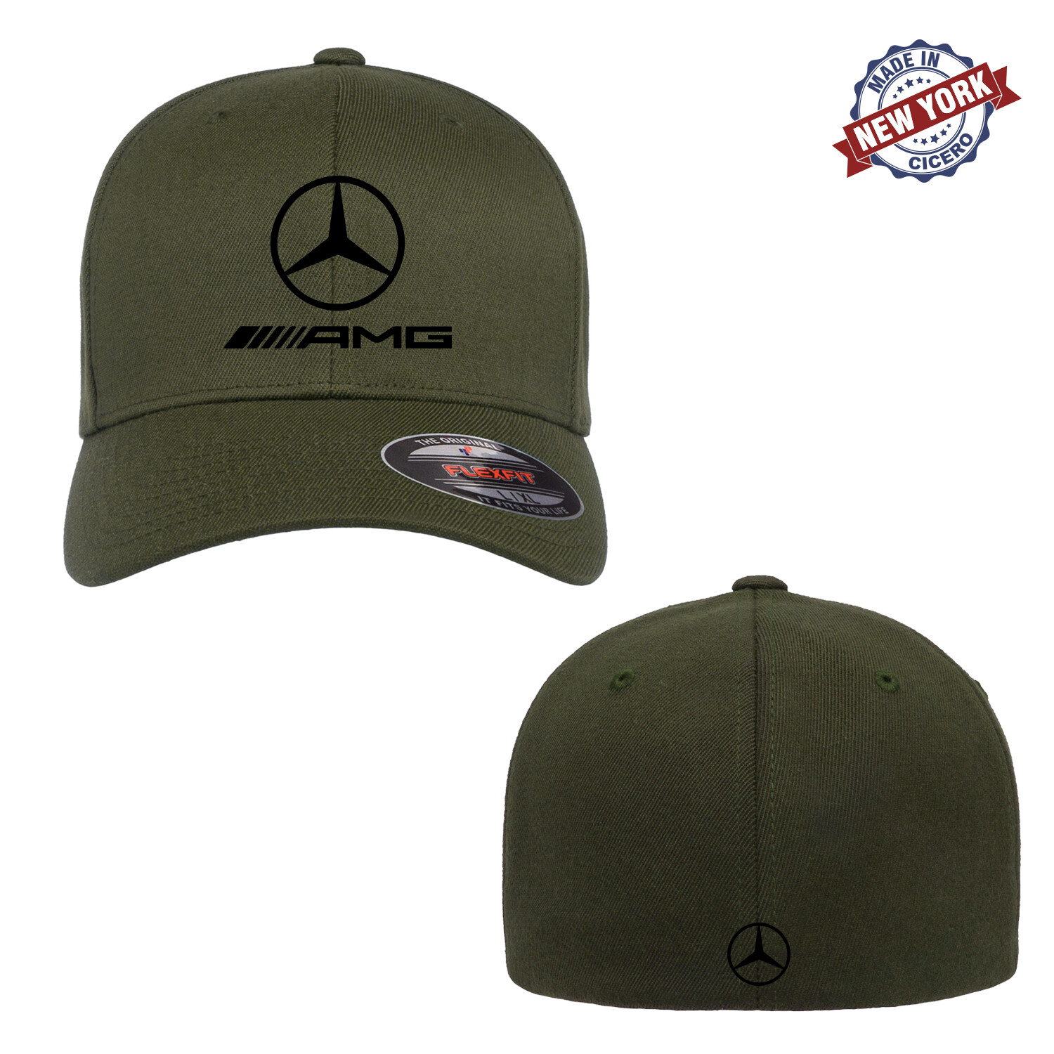 Mercedes-Benz AMG Logo Embroidered Flexfit Fitted Ball Cap Front & Back Stitch